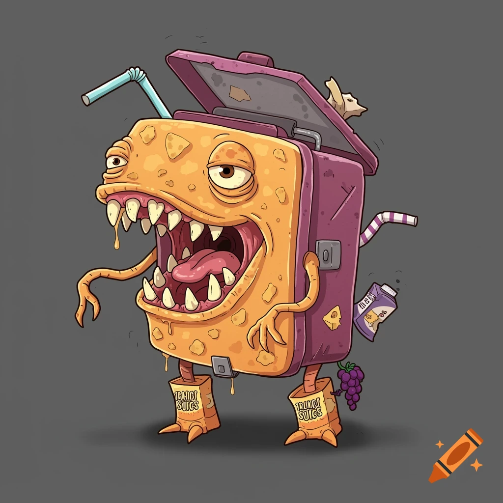 A humorous cartoon monster made from a lunchbox and juice boxes, with large teeth and a wide-open mouth.