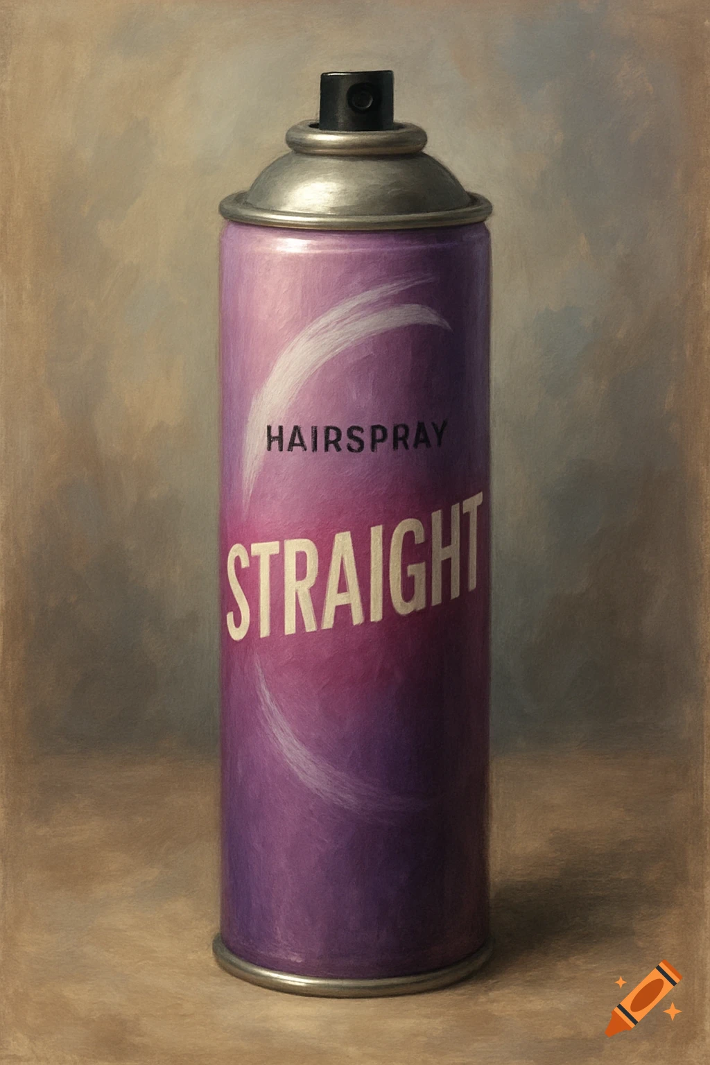 A purple hairspray can with "HAIRSPRAY" and "STRAIGHT" written on it, rendered in a painted style.
