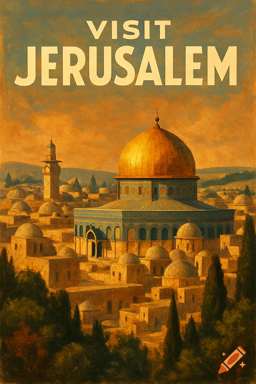 Vintage travel poster for Jerusalem featuring the Dome of the Rock and surrounding buildings under an orange sky.
