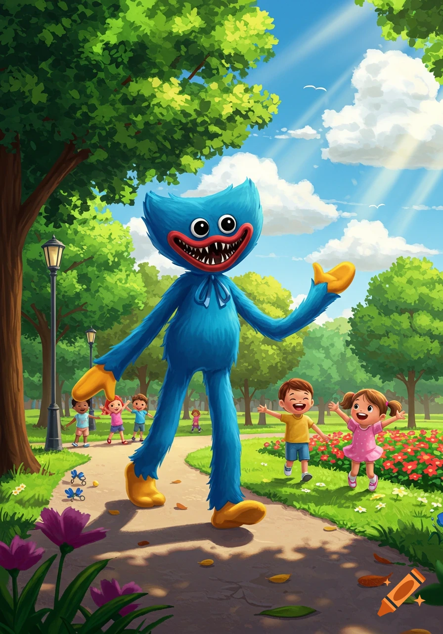 A tall, blue furry monster, Huggy Wuggy, walks on a path in a sunny park with happy children playing nearby.