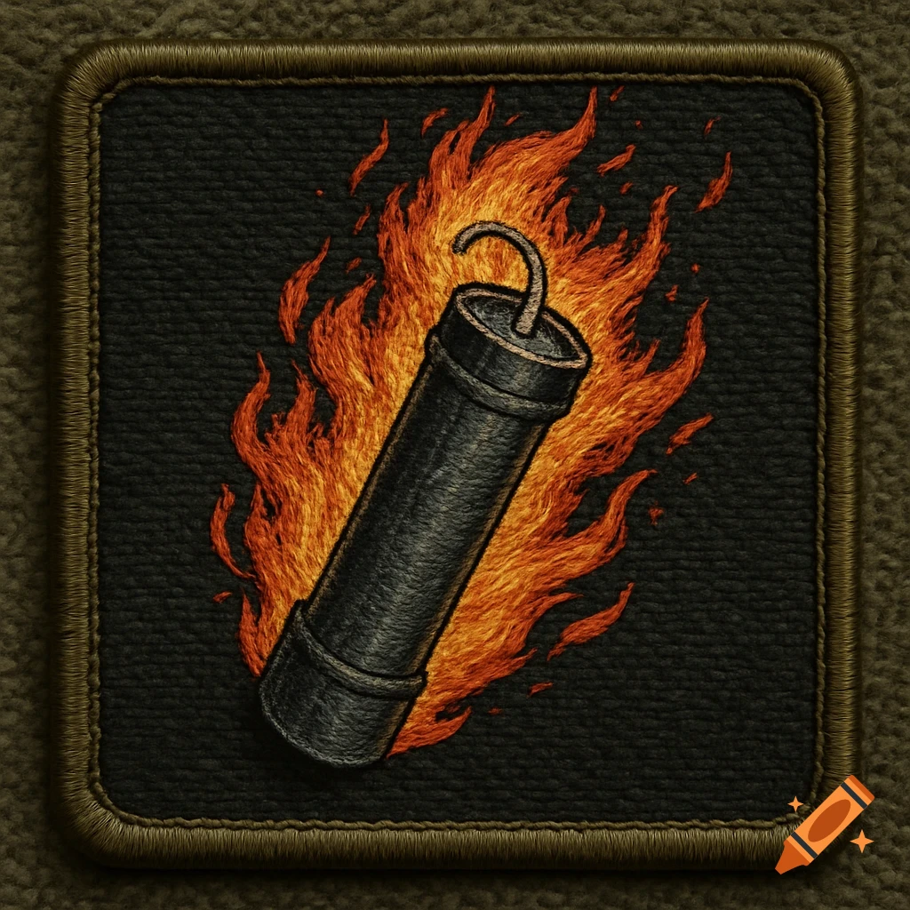An embroidered military patch depicting a black pipebomb engulfed in flames.