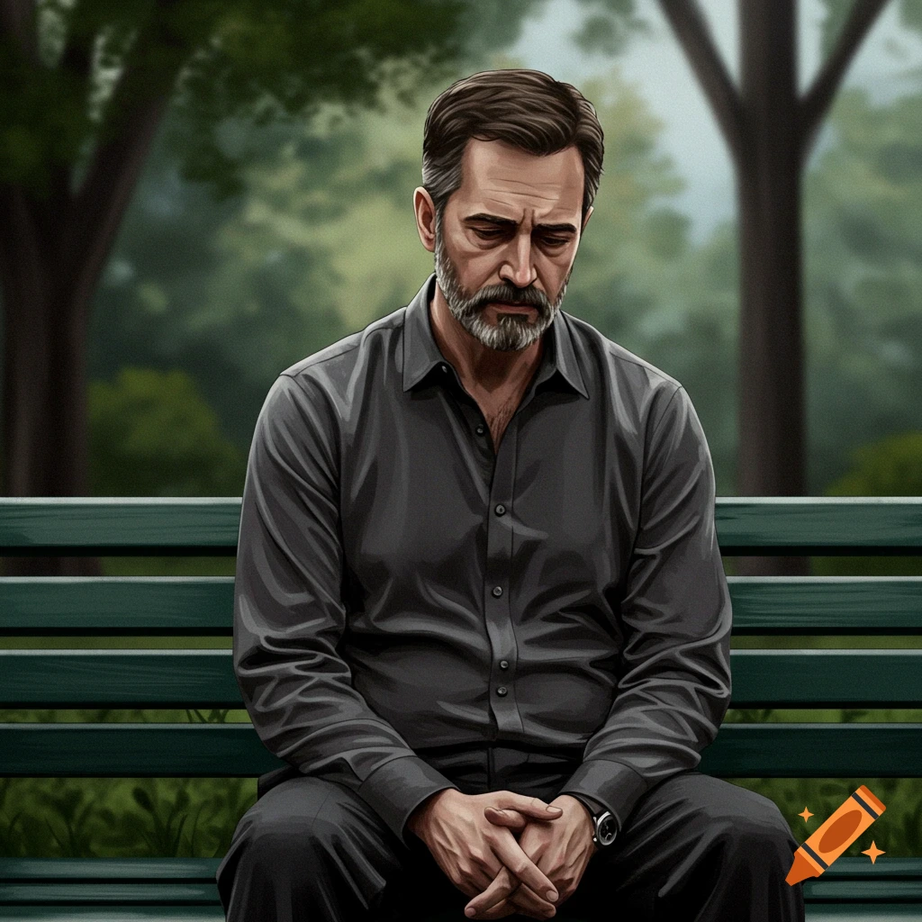 A sad man with a beard sits on a green park bench, looking down with clasped hands.