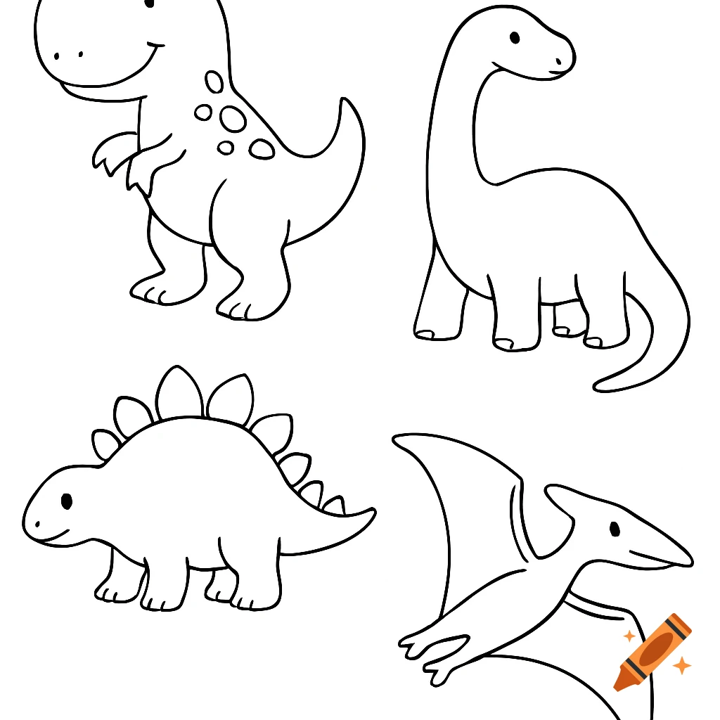 Four simple black and white outline drawings of dinosaurs: a T-Rex, a Brontosaurus, a Stegosaurus, and a Pterodactyl.