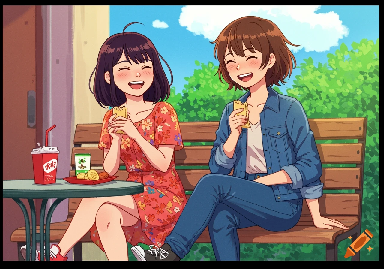 Two smiling anime girls with short hair eating snacks on a park bench outdoors.
