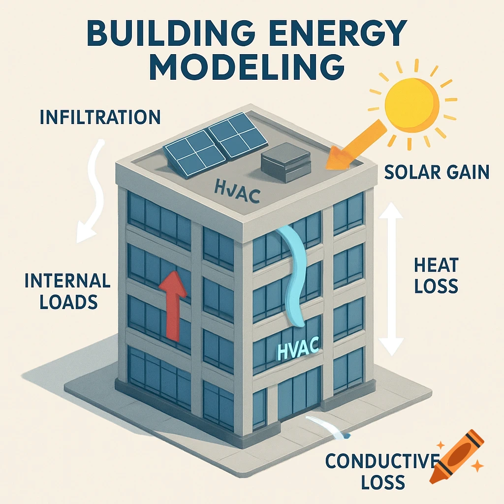 A 3D illustration of a building showing building energy modeling ...
