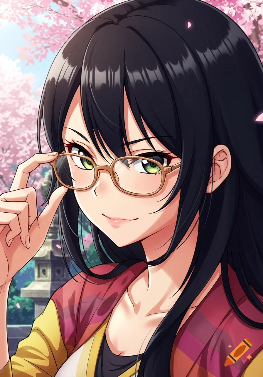 Close-up anime portrait of a smiling woman with black hair and glasses, with cherry blossoms in the background.