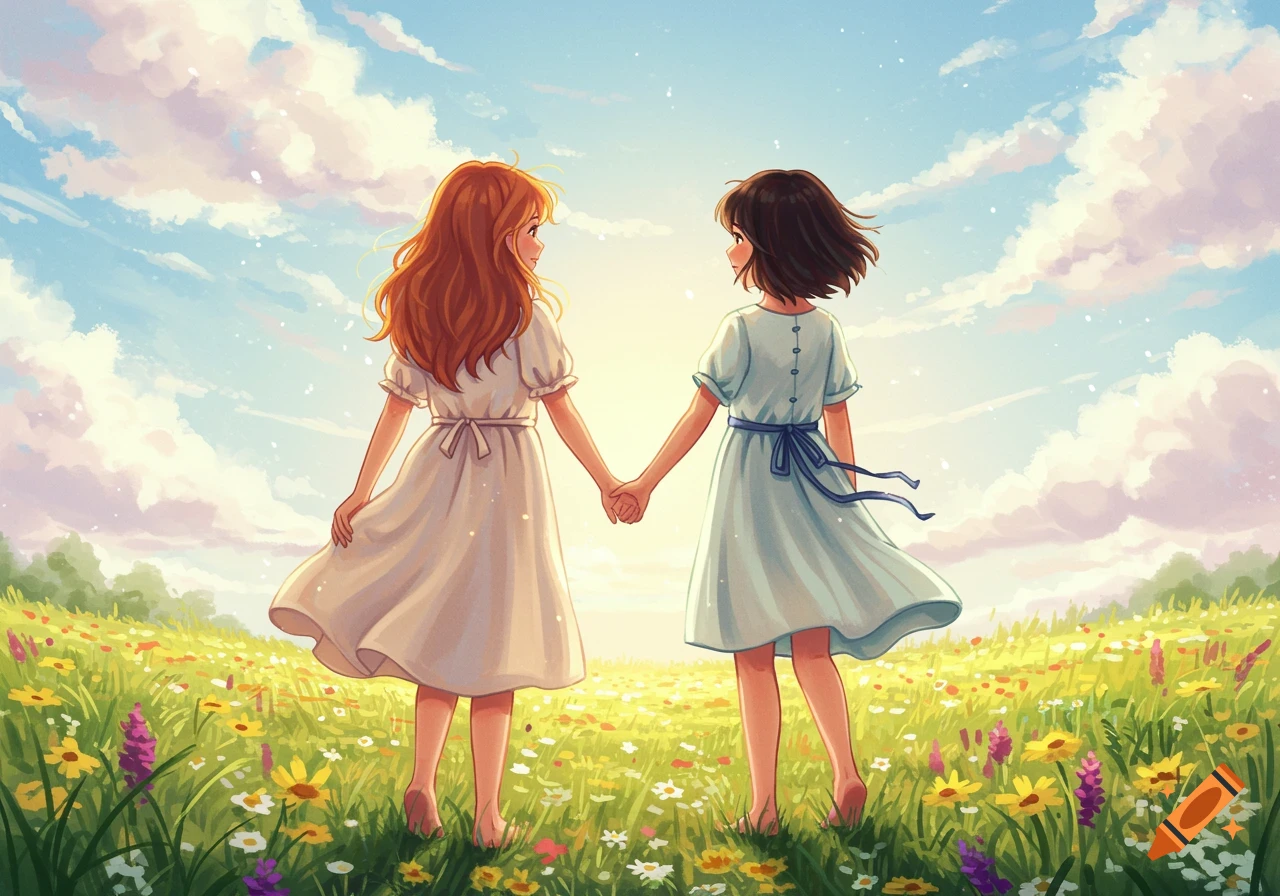 Two anime girls holding hands and walking barefoot through a vibrant flower field under a sunny sky.