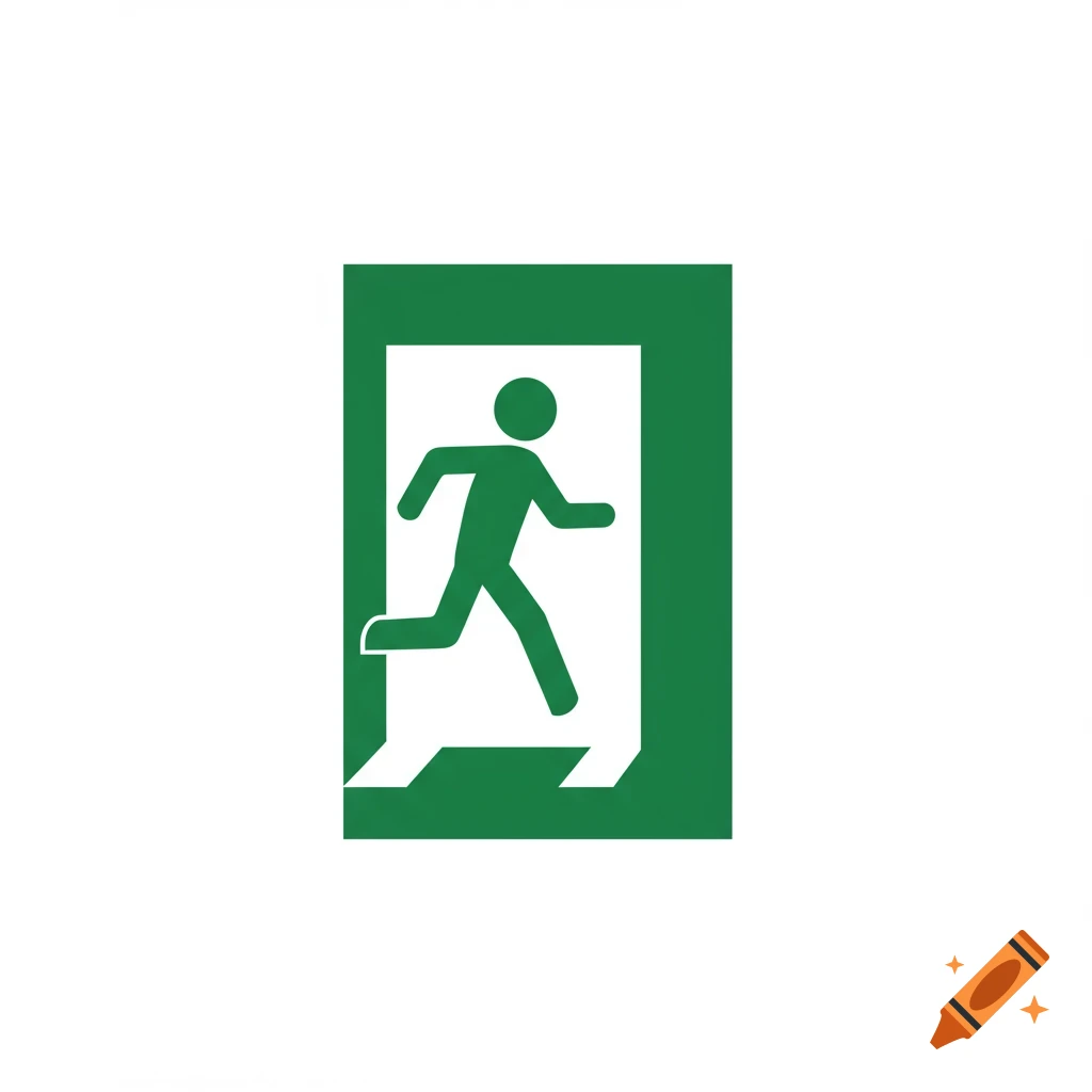 A green running man symbol on a white background, representing an exit sign.