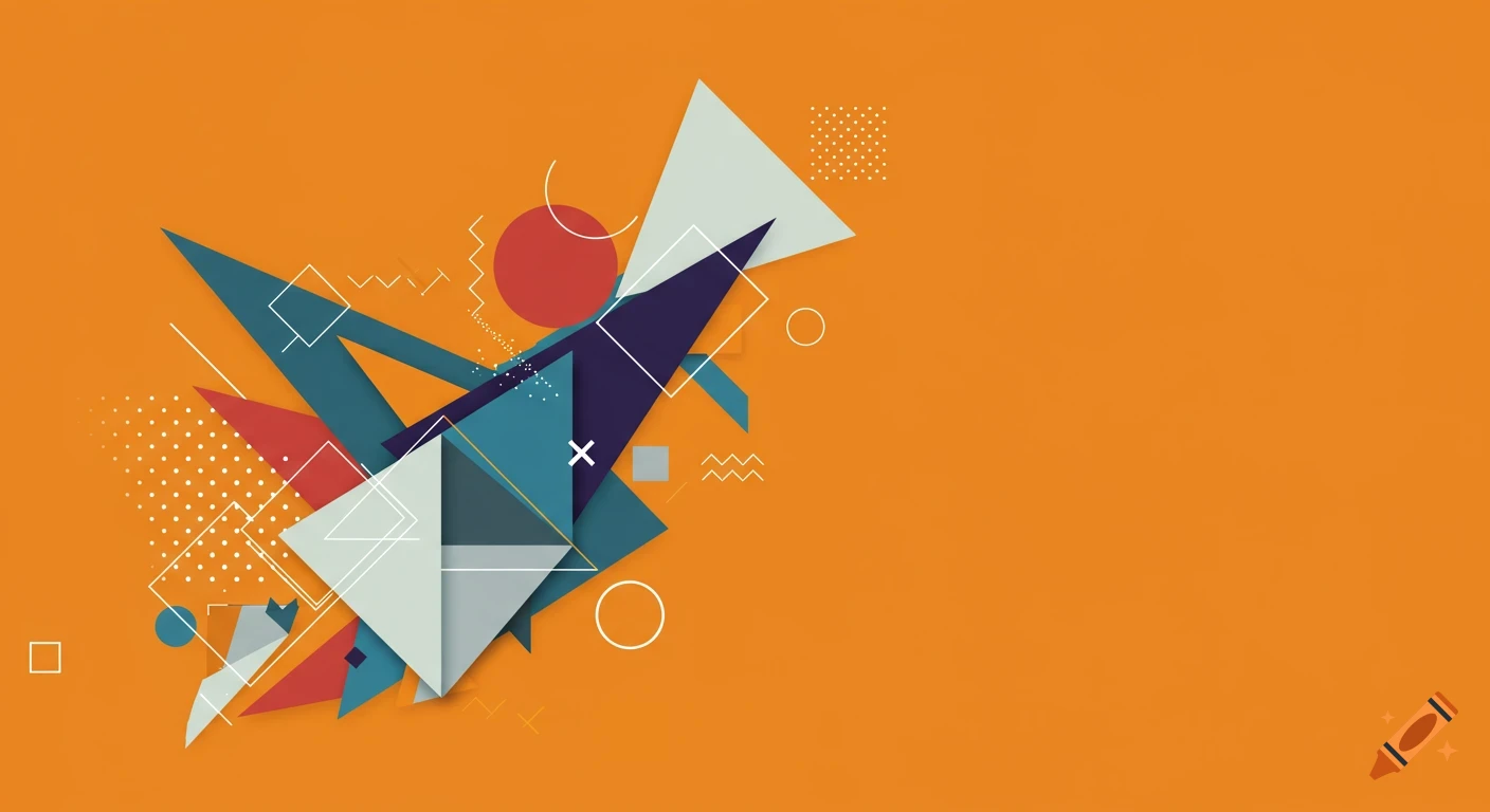 Abstract composition of teal, dark blue, red, and light grey geometric shapes with lines and dots on an orange background.