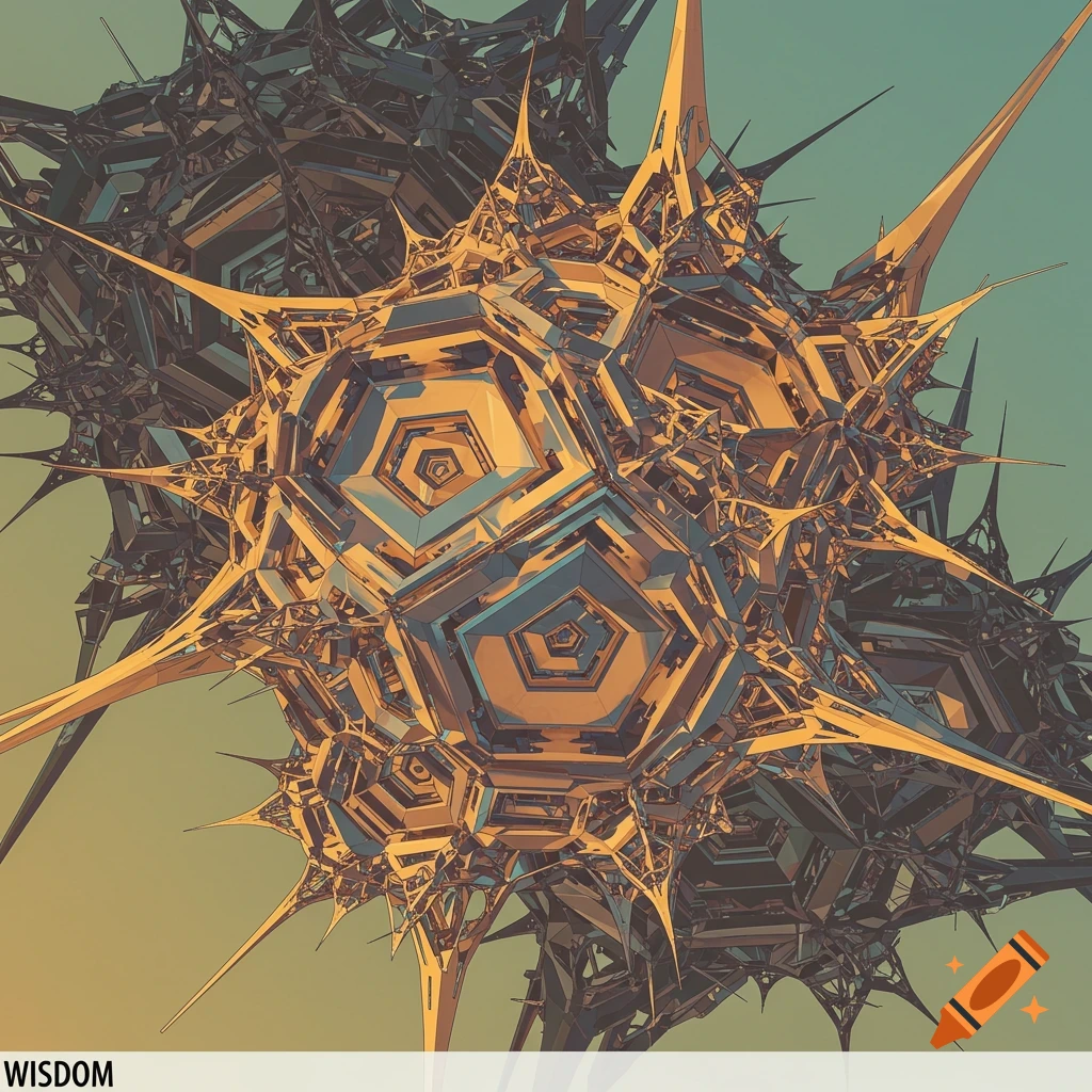 A complex, spiky golden geometric fractal with blue-grey accents against a teal and green gradient background.