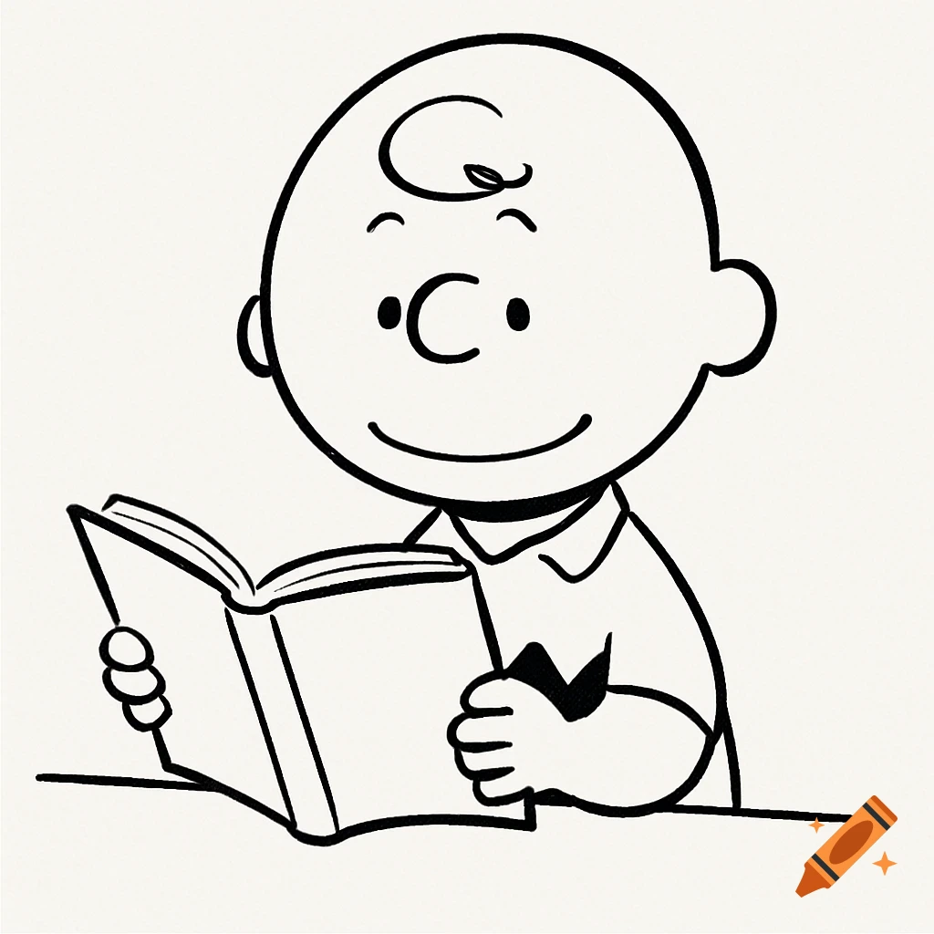 A black and white line drawing of the cartoon character Charlie Brown smiling while reading a book.