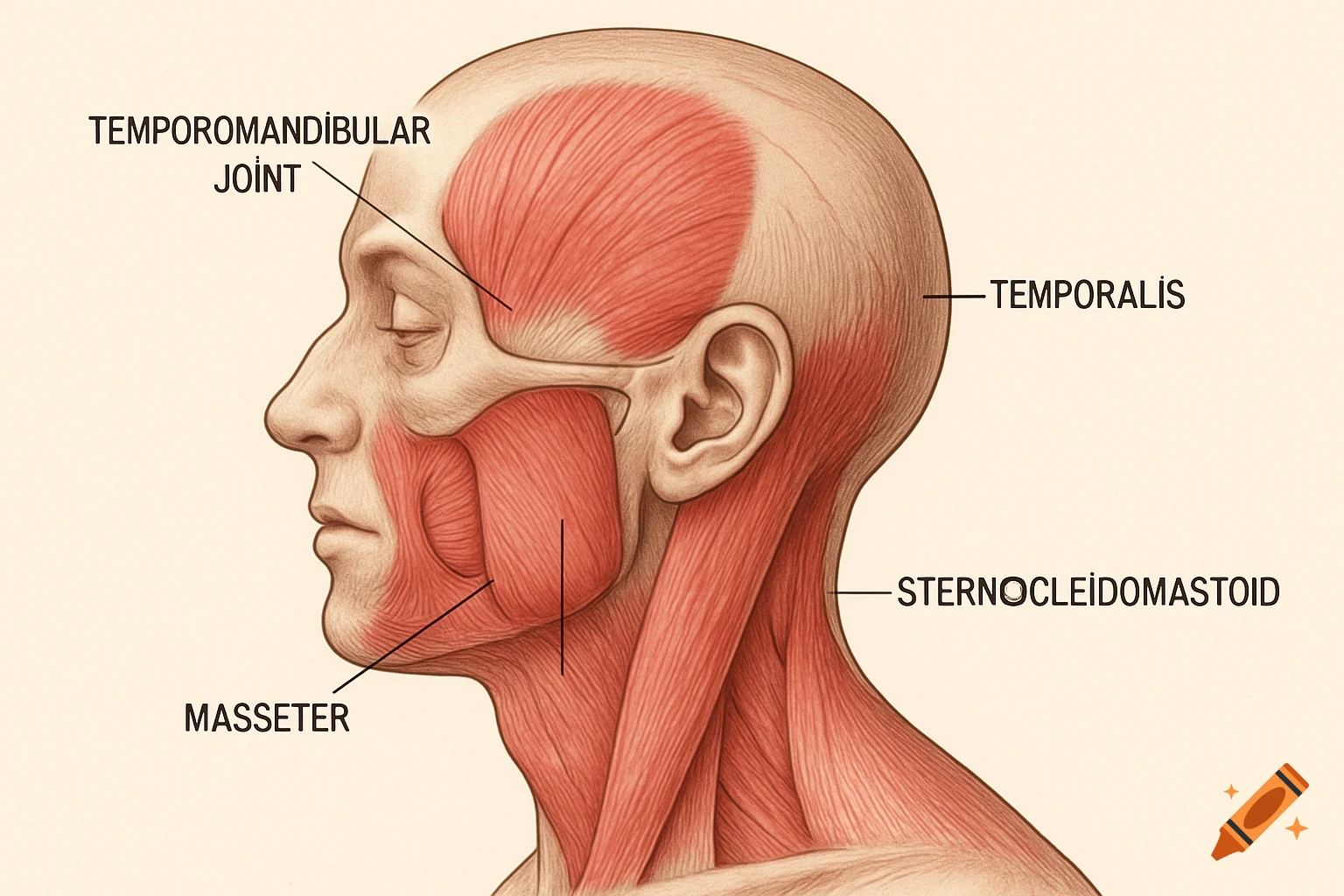 Detailed anatomical illustration of a human head and neck in profile, showing the temporomandibular joint, temporalis, masseter, and sternocleidomastoid muscles with labels.