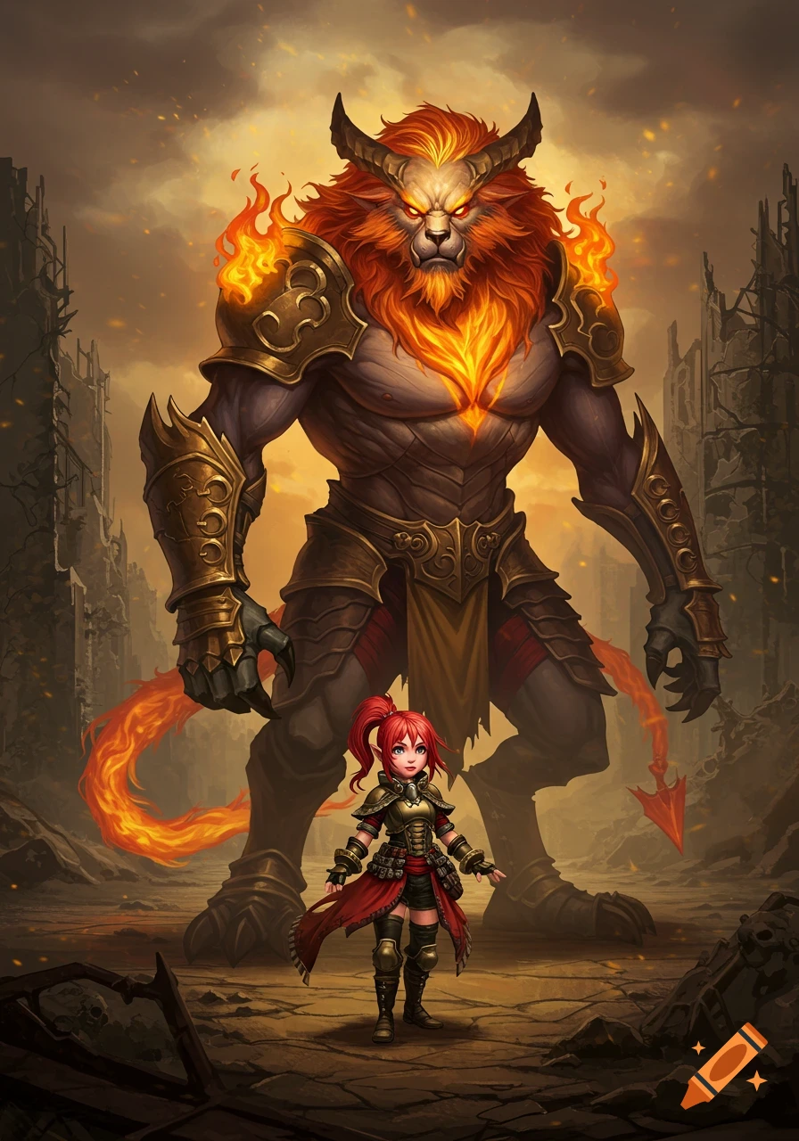 A towering, fiery lion-like monster stands behind a small, red-haired female summoner in a post-apocalyptic fantasy landscape.