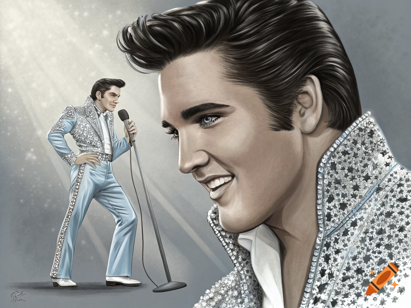 Illustration of Elvis Presley in a sparkling light blue stage suit, one full-body view holding a microphone, and a close-up profile.