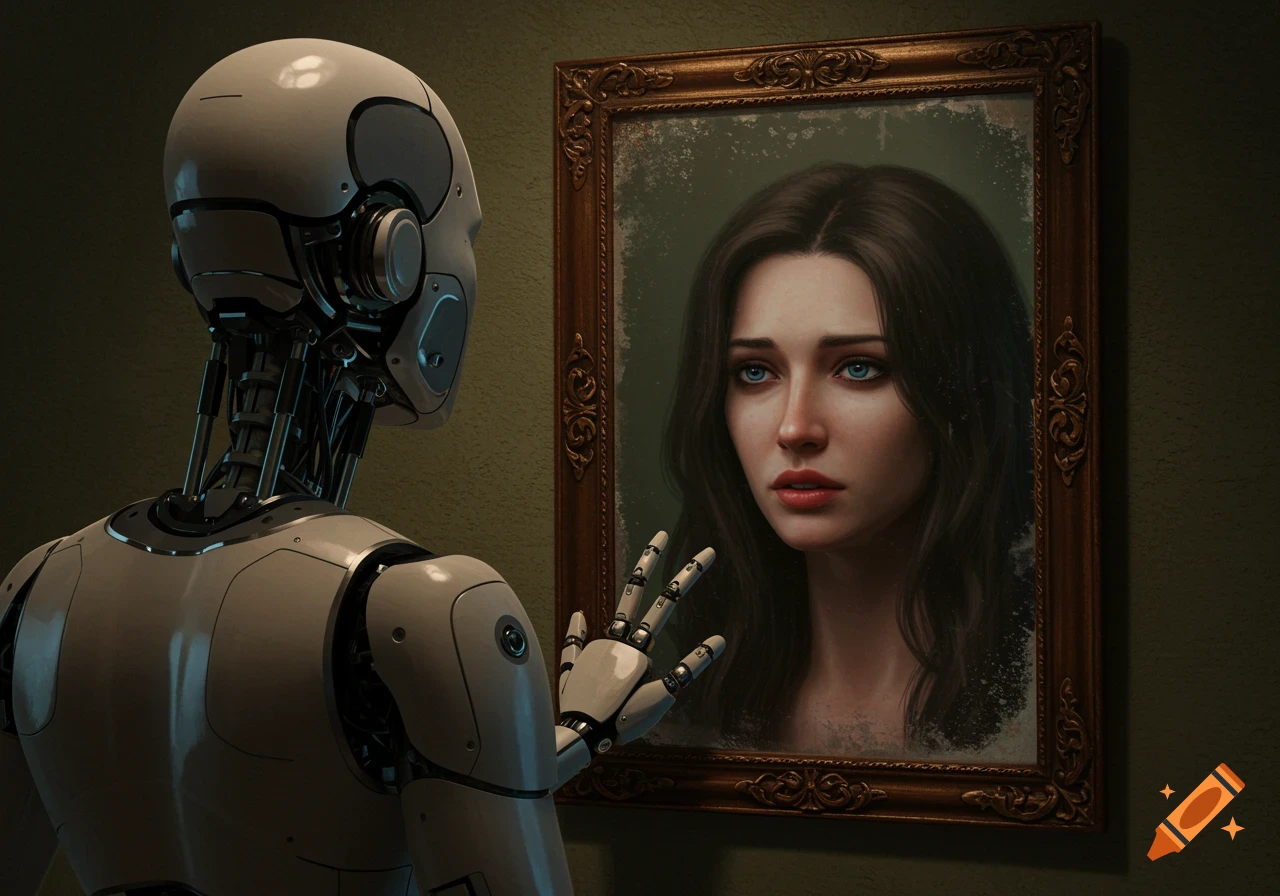 A humanoid robot looks into an ornate framed mirror, seeing the photorealistic reflection of a solemn human woman.