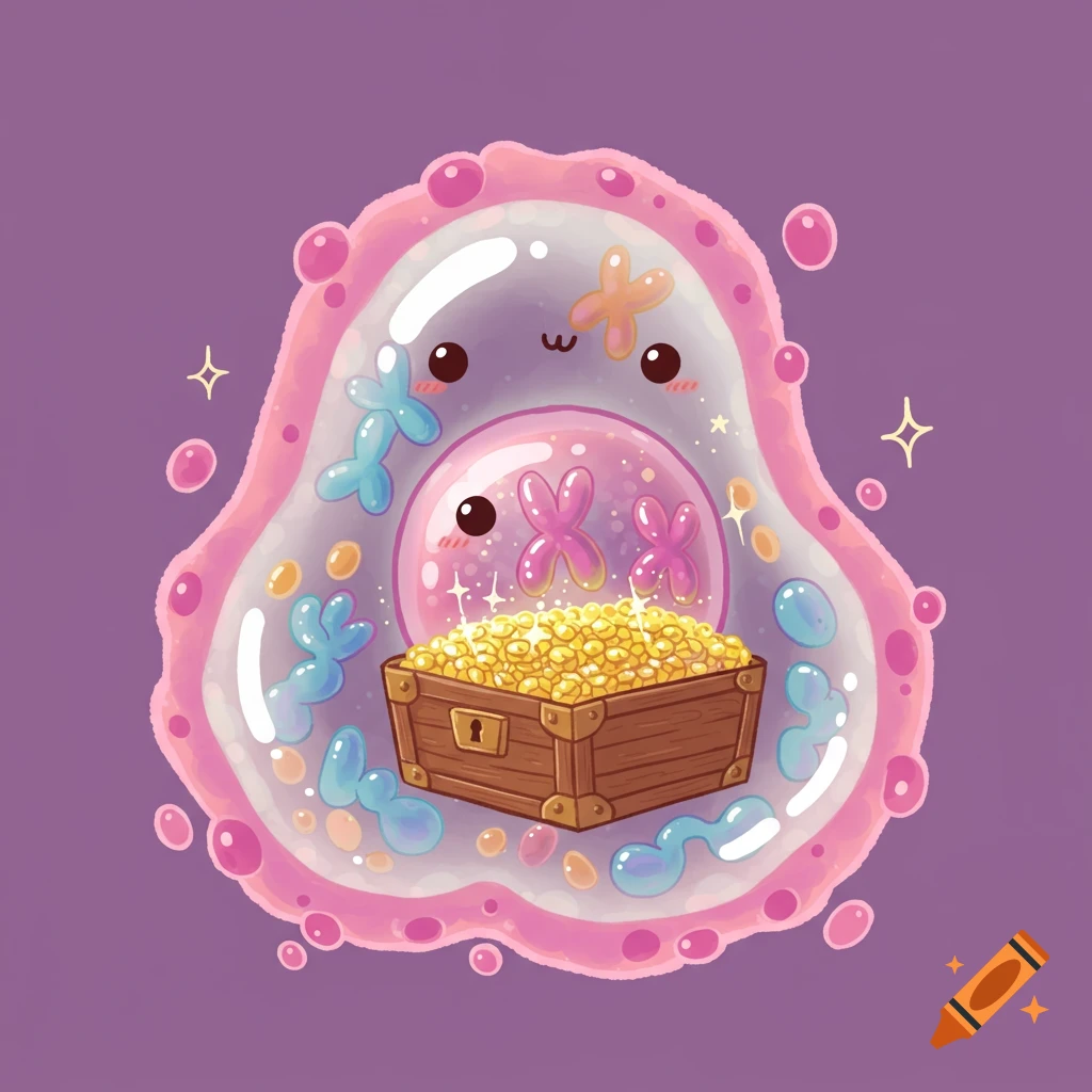 A cute cartoon cell, pink and purple, with a treasure chest of gold coins and X-shaped chromosomes in its nucleus.