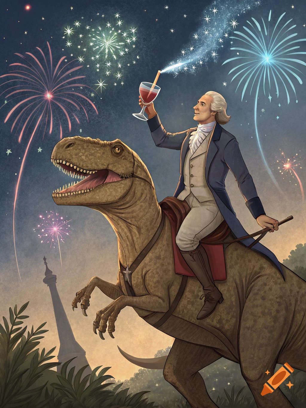 An illustration of a George Washington-like figure riding a T-Rex, holding a drink, under a night sky filled with colorful fireworks.