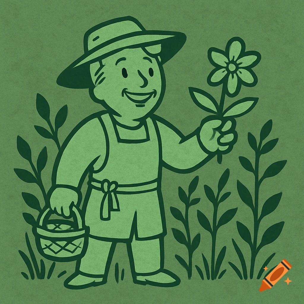 A green cartoon gardener in a hat and apron holds a flower and basket, standing among plants, in the style of a Fallout perk icon.