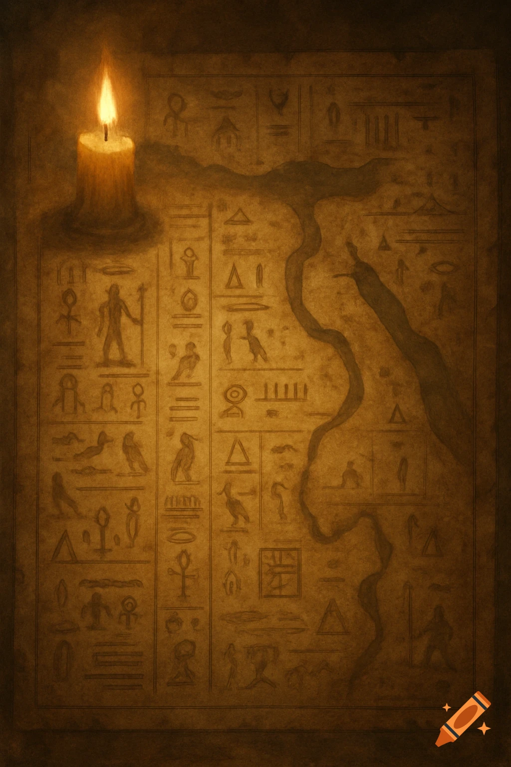 A painterly image of an ancient Egyptian map with faded hieroglyphs, illuminated by a glowing candle casting warm light.