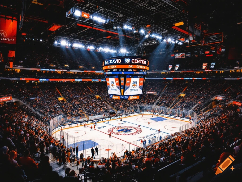 An elevated view of a crowded hockey arena during a game, with a large jumbotron displaying 'MCDAVID CENTER' overhead.