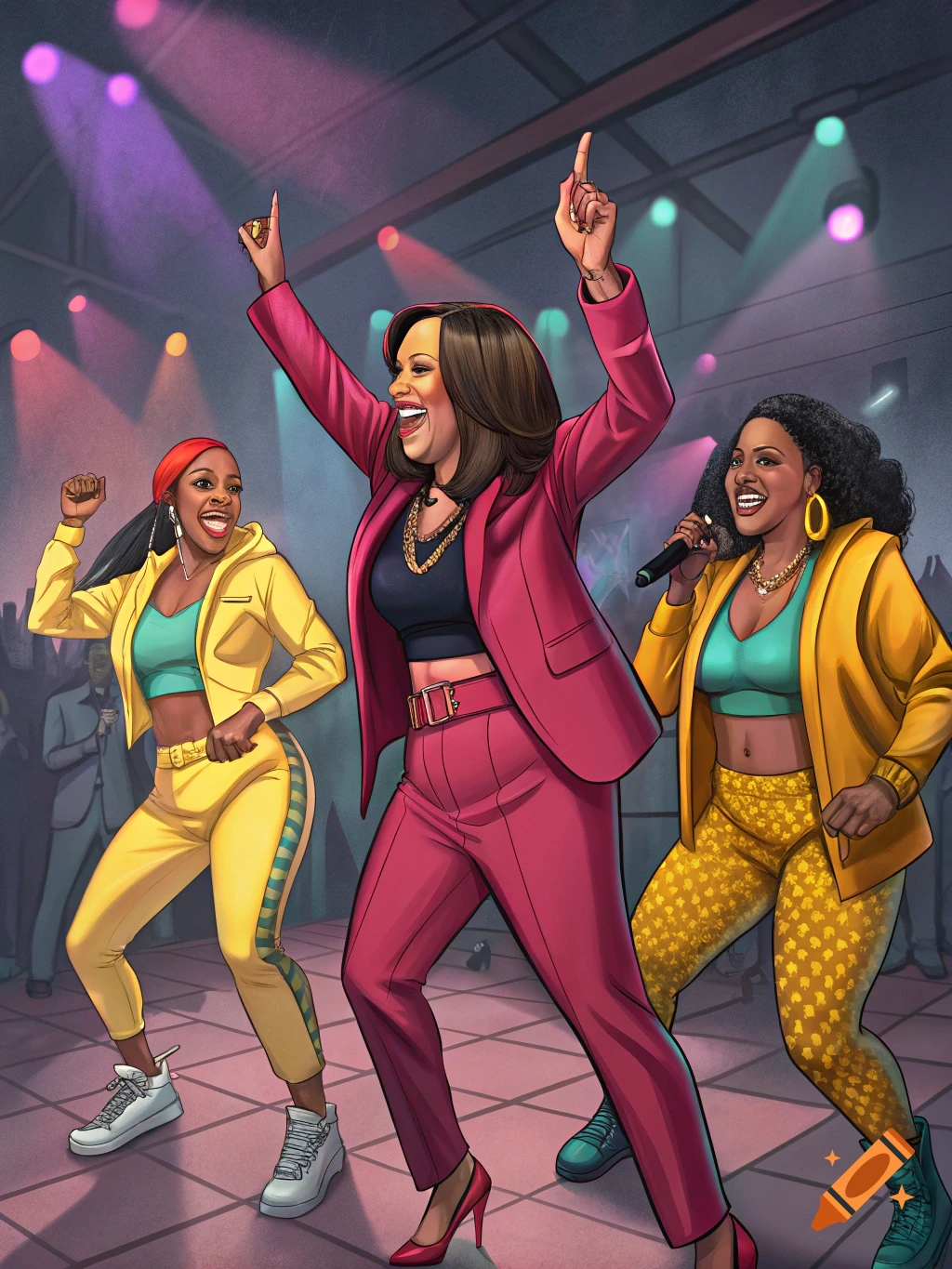 Vibrant illustration of three women, resembling Kamala Harris, Cardi B, and Megan Thee Stallion, dancing and singing on a stage with colorful lights.