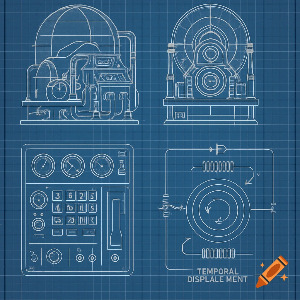 A blueprint shows four detailed technical drawings of time machine components and control panels on a blue grid background.