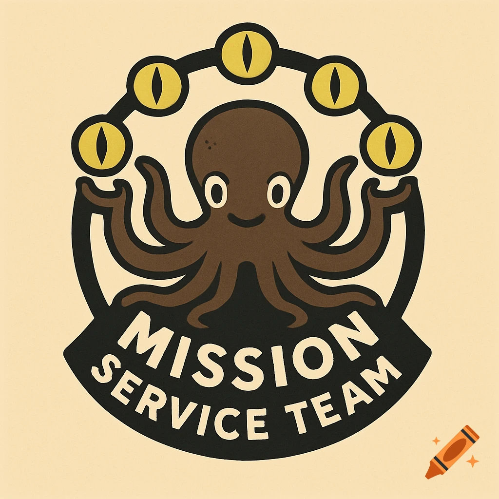 Logo featuring a cartoon brown octopus juggling yellow oval cat eyes, with the text 'MISSION SERVICE TEAM' below, on a light background.