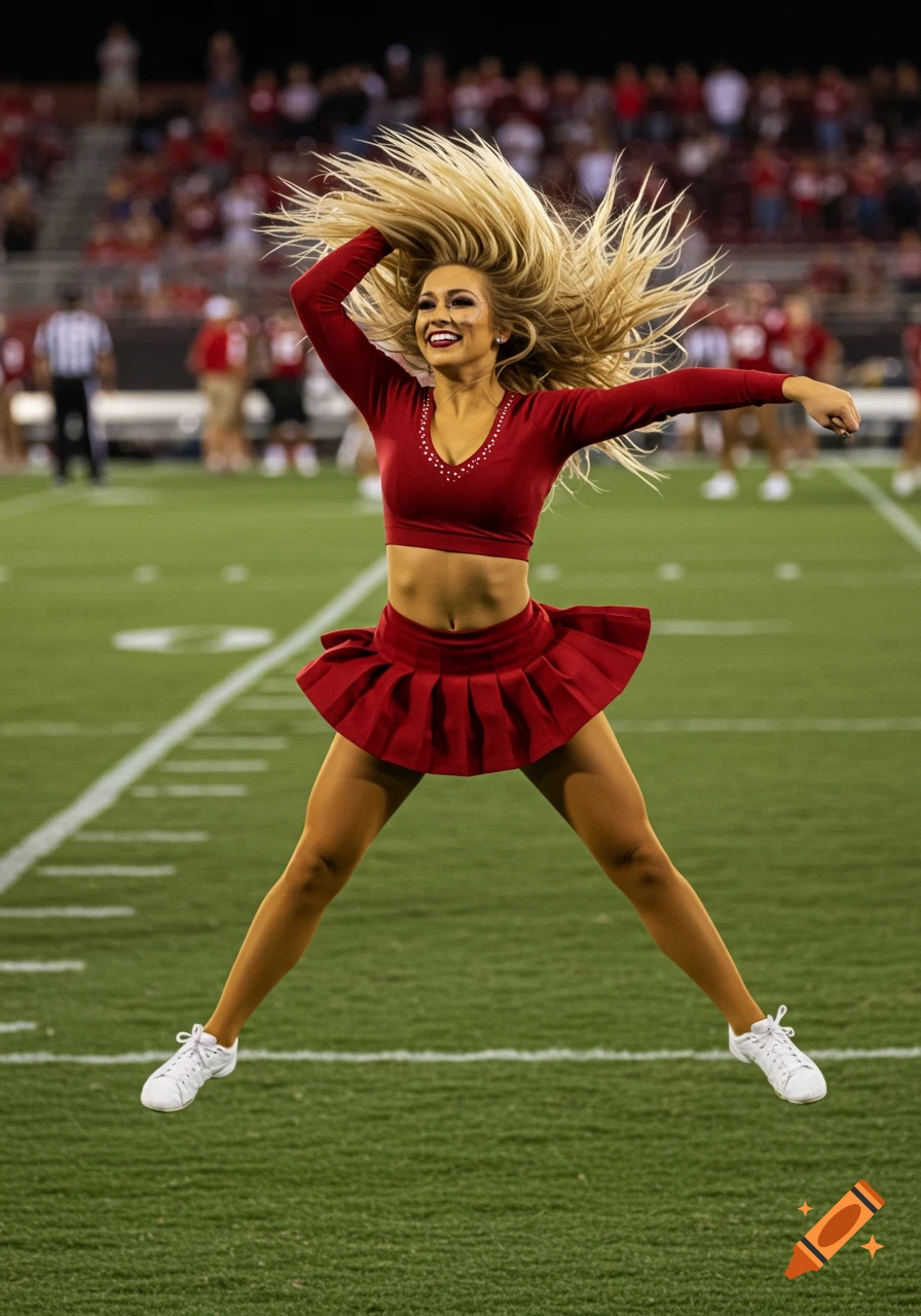 A female cheerleader in a red uniform jumps on a football field, her blonde hair flying.
