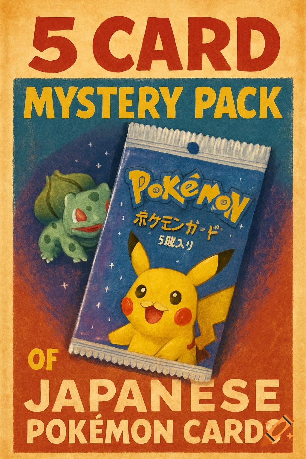 Vintage-style advertisement poster for a 5 Card Mystery Pack of Japanese Pokemon Cards, featuring Pikachu and Bulbasaur.