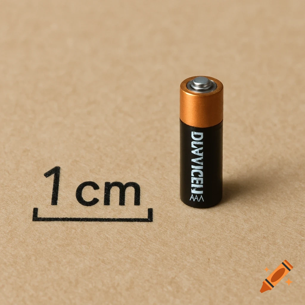 A tiny black and gold battery with "DLVVICELJ" written on it, next to a black "1 cm" measurement line on a brown surface.