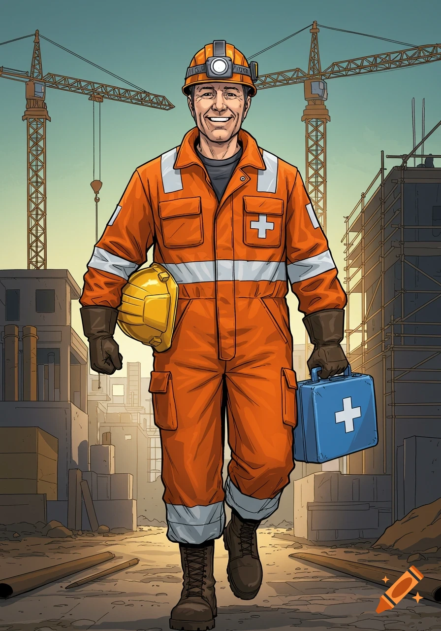 Smiling man in orange safety suit holding hard hat and first aid kit at a construction site, comic illustration style.