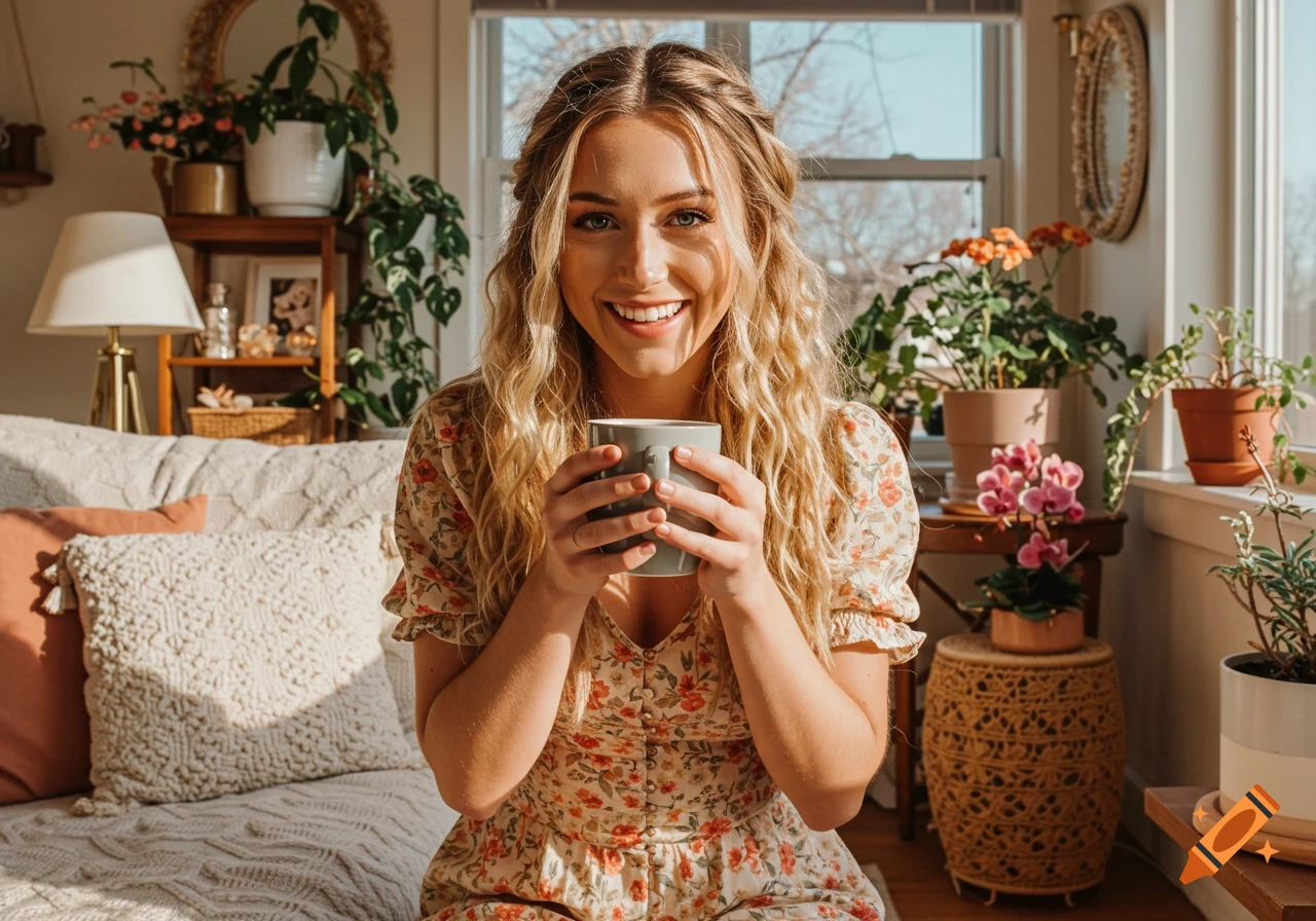 Smiling young woman holding a mug in a sunlit, cozy living room with plants, photorealistic.