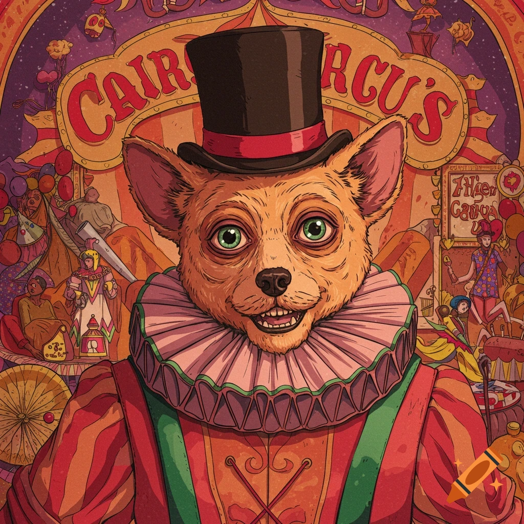 A stylized illustration of a dog in a top hat and ruff collar, resembling a circus ringmaster, set against a vibrant psychedelic circus background.