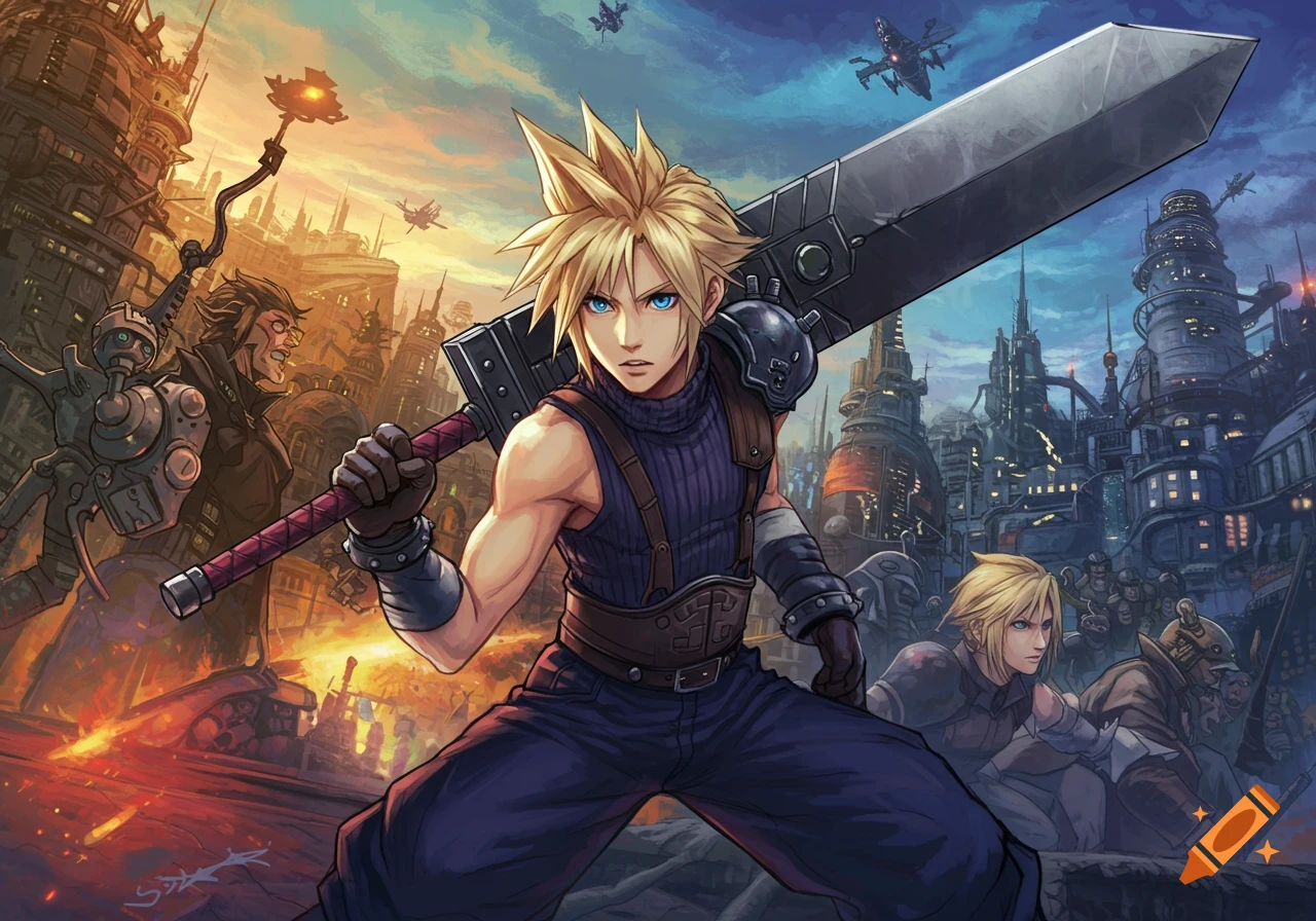 Cloud Strife with Buster Sword in a futuristic city, surrounded by other Final Fantasy VII characters, in a detailed anime art style.