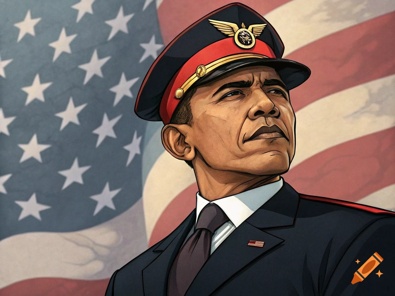 A cartoon-style illustration of Barack Obama wearing a red and black military uniform cap and a dark suit, with an American flag in the background.