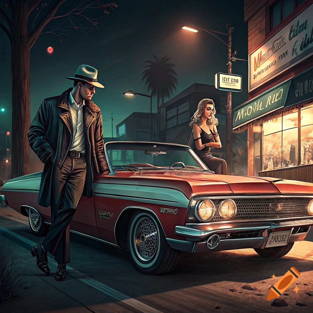 A man in a trench coat and a woman sitting on a classic red convertible at night in a city street.