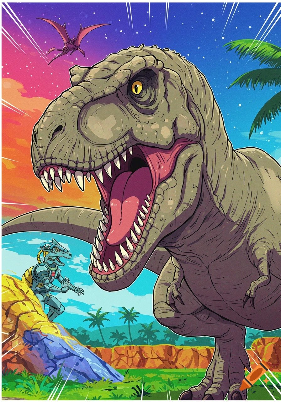 An anime-style T-Rex roars at a running robotic dinosaur, with a pterodactyl flying overhead against a colorful sunset sky.