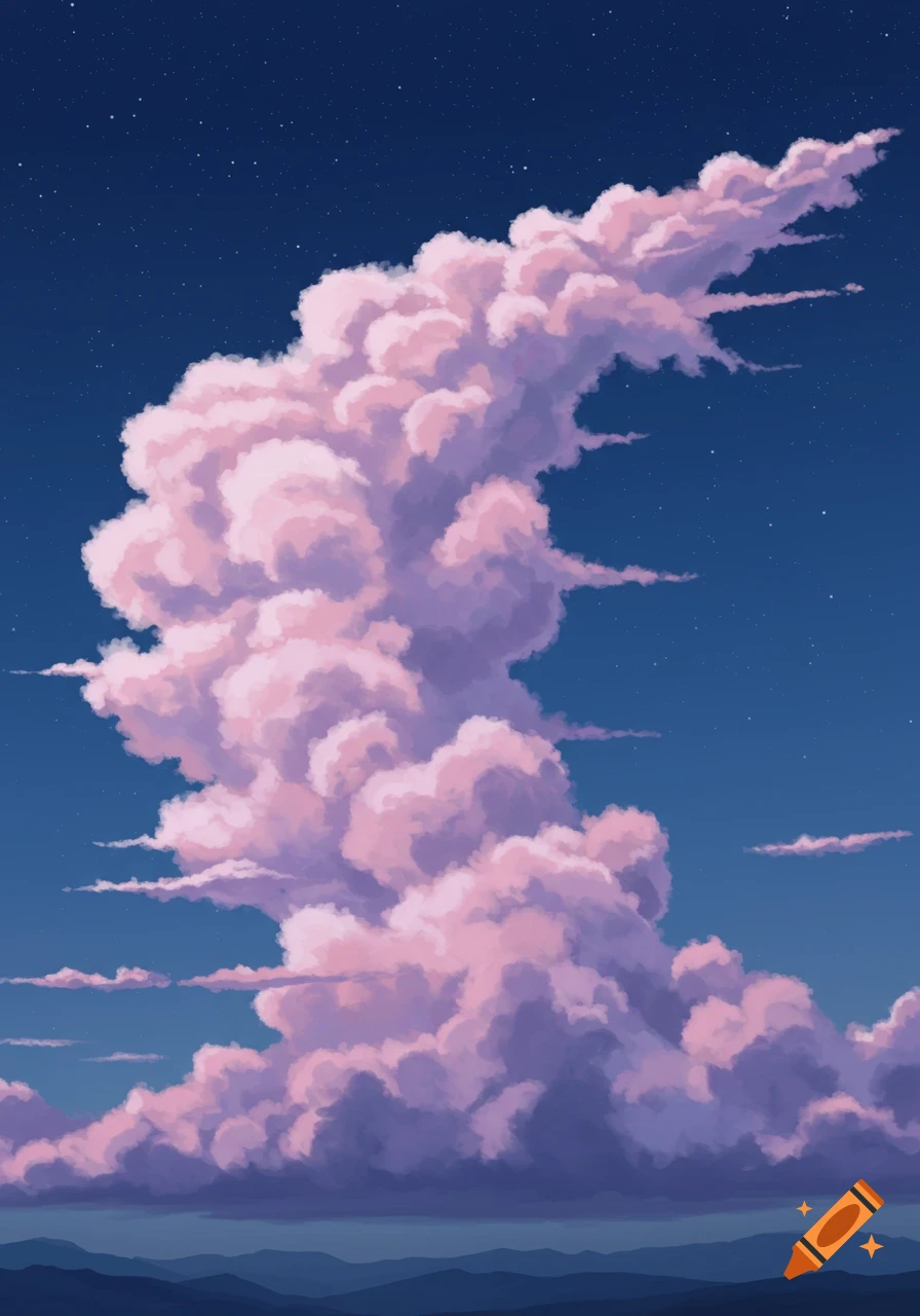 A large, fluffy pink and purple cloud rises against a dark blue, star-filled sky, with faint mountain ranges below, in an illustrative style.
