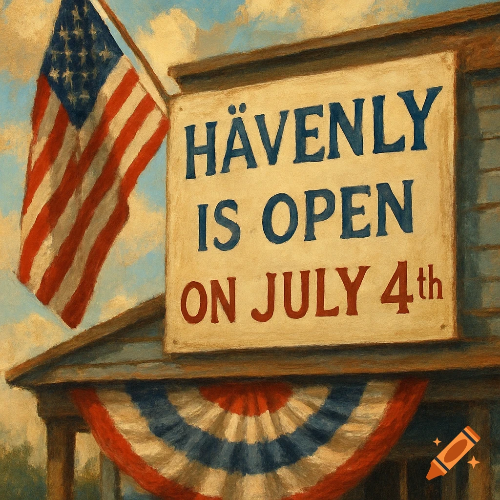 A painterly image of a sign on a building that reads 'HÄVENLY IS OPEN ON JULY 4th', with an American flag and patriotic bunting.