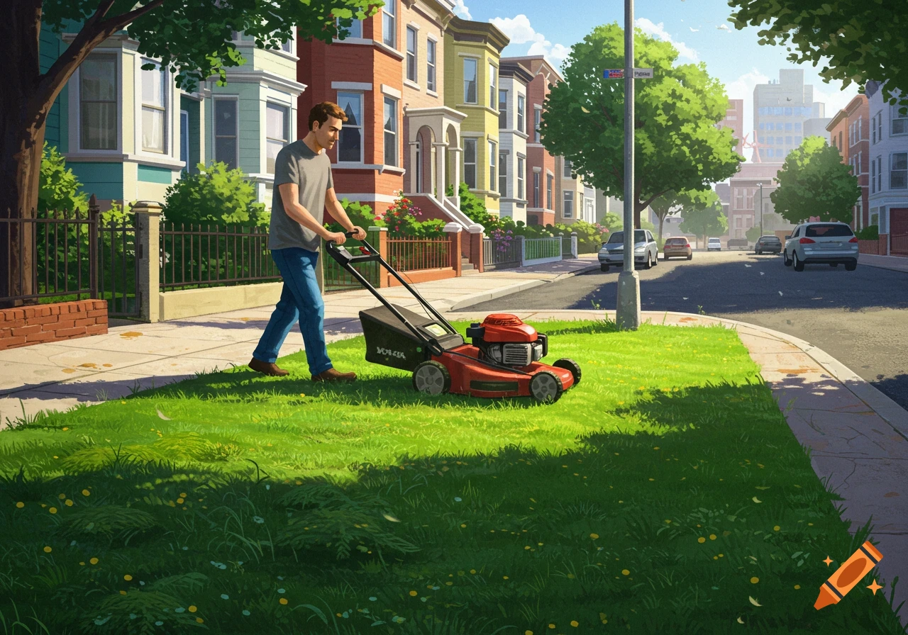 A man in a grey shirt and blue jeans pushes a red lawnmower on a small green lawn in front of colorful houses along a city street.