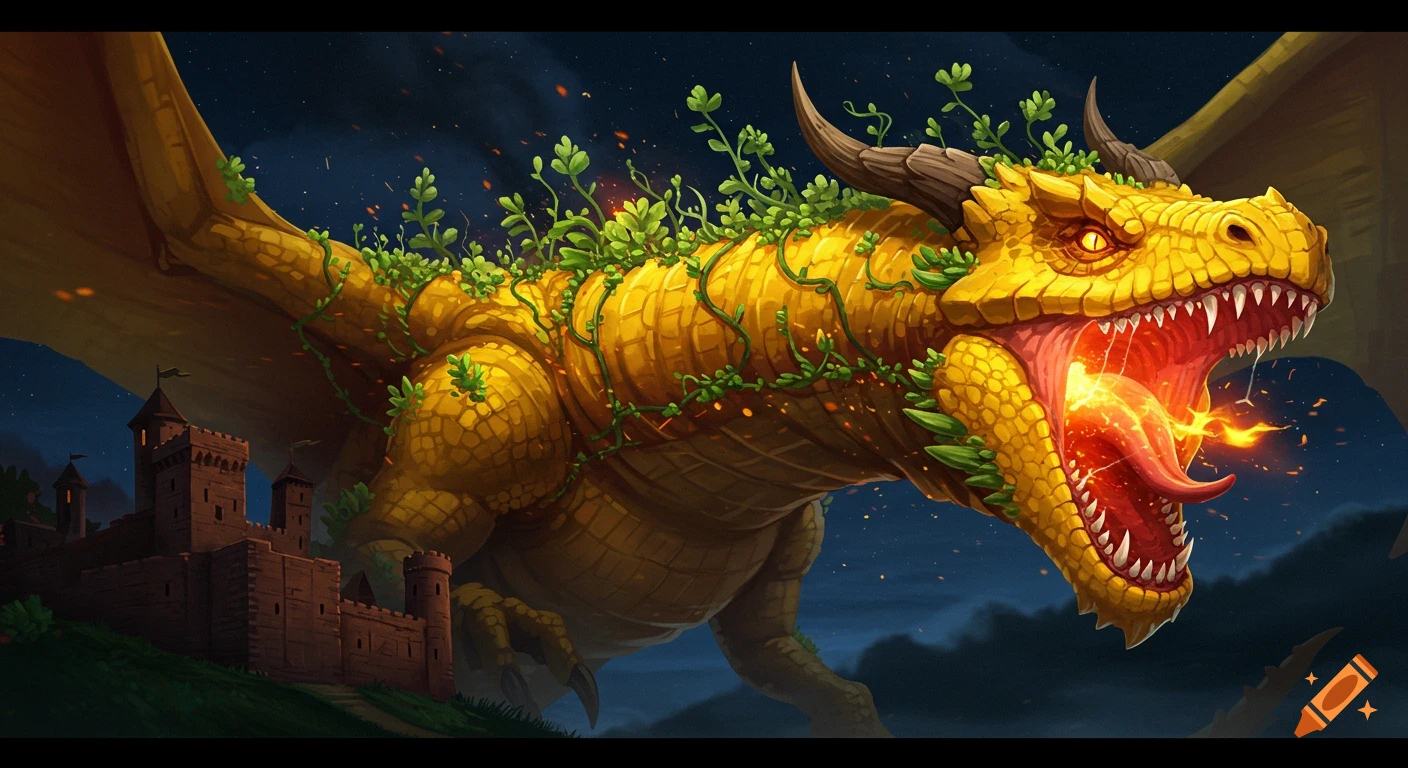 A giant yellow dragon with green plants on its body breathes fire while flying over a brown castle at night.