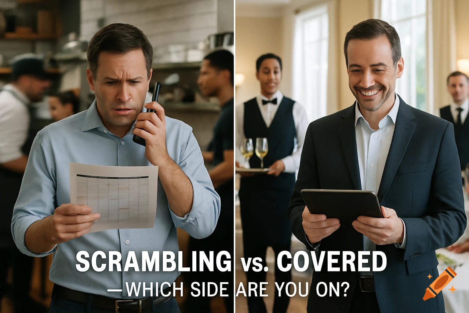 Split image. Left: Stressed man on phone with schedule in busy restaurant. Right: Smiling man with tablet in calm banquet hall. Text: Scrambling vs. Covered.