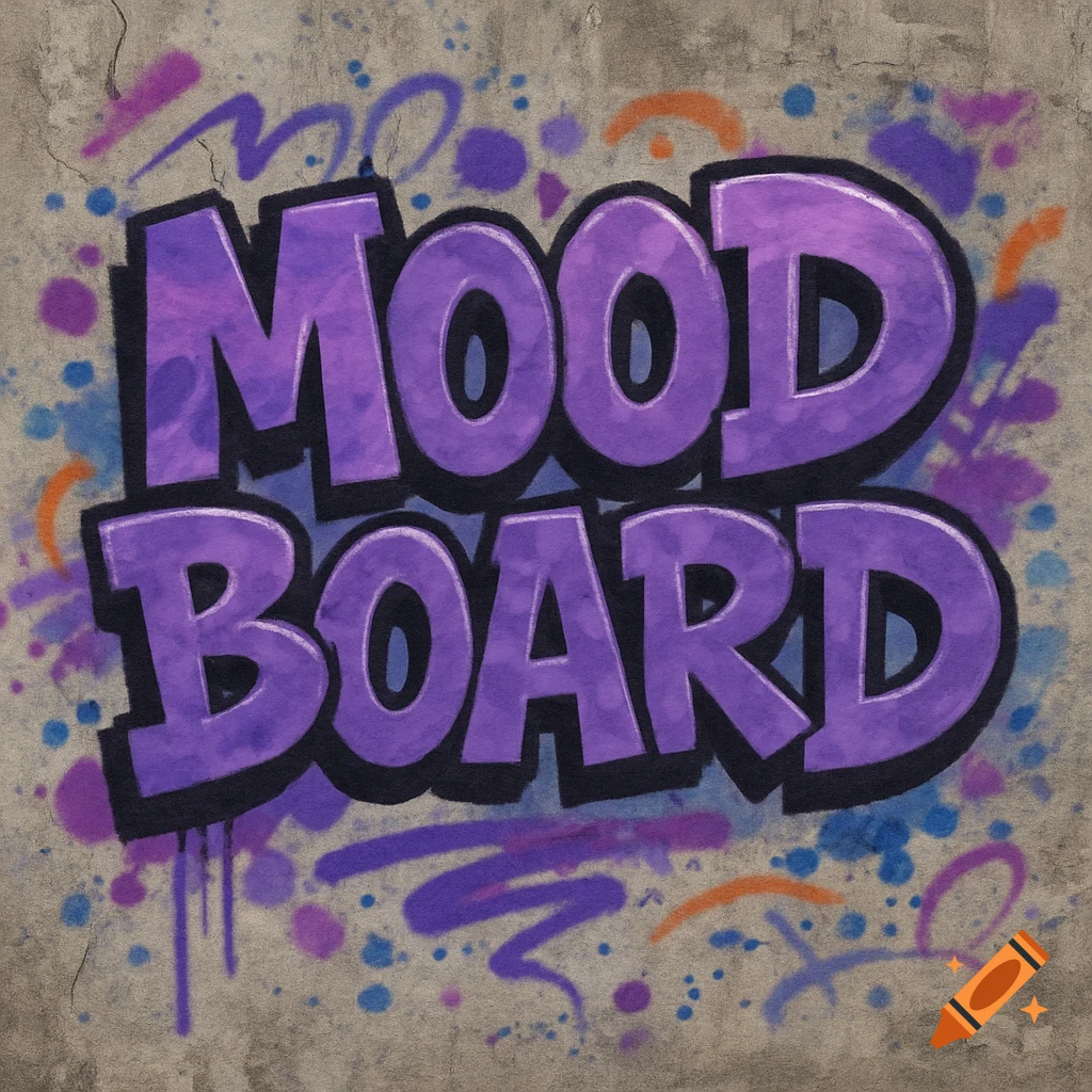 Purple graffiti art spells out 'MOOD BOARD' on a textured concrete wall with colorful paint splatters and swirls.