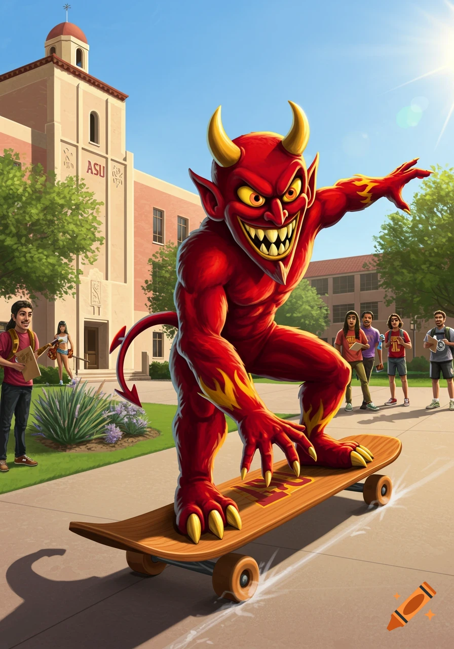Cartoon of Arizona State University's Sun Devil mascot, Sparky, skateboarding on campus past the ASU building and students.
