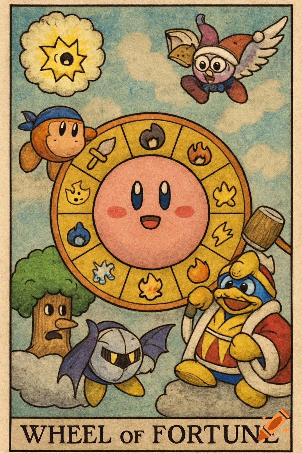 A vintage-style tarot card for the Wheel of Fortune featuring Kirby characters. Kirby's face is at the center of a wheel with symbols, surrounded by King Dedede, Meta Knight, Waddle Dee, Whispy Woods, Marx, and other elements from the Kirby universe.