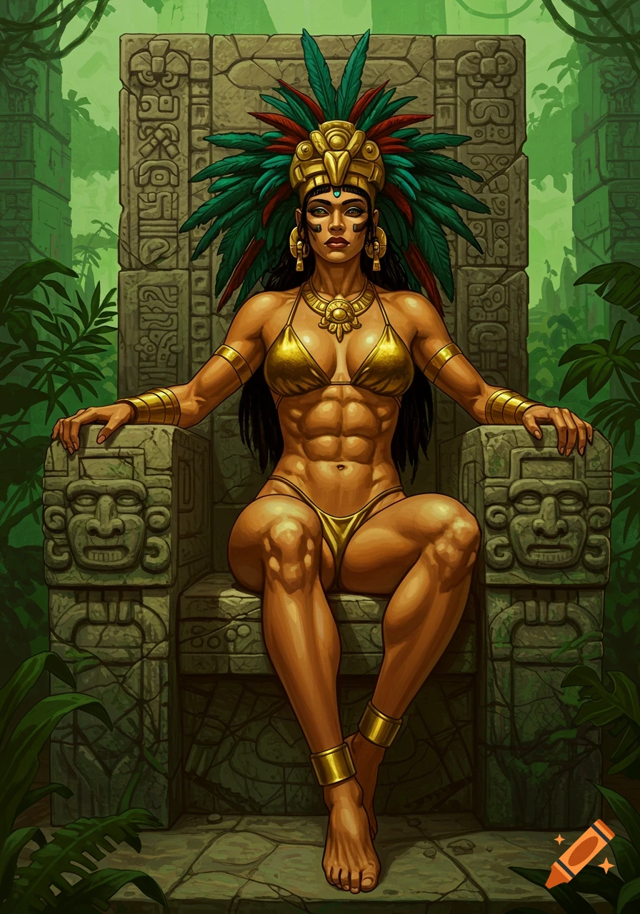 Dark fantasy artwork of a beautiful Aztec queen with a feathered headdress, gold bikini, and six-pack abs, sitting on an ornate stone throne in a jungle.