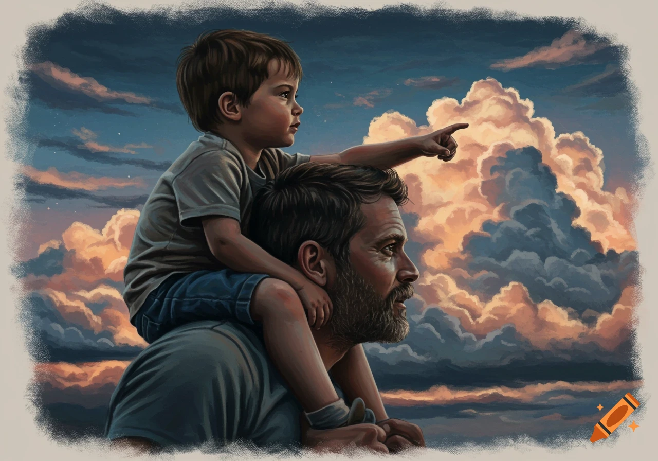 Painting of a young boy on his father's shoulders, pointing at large, colorful clouds in a twilight sky.