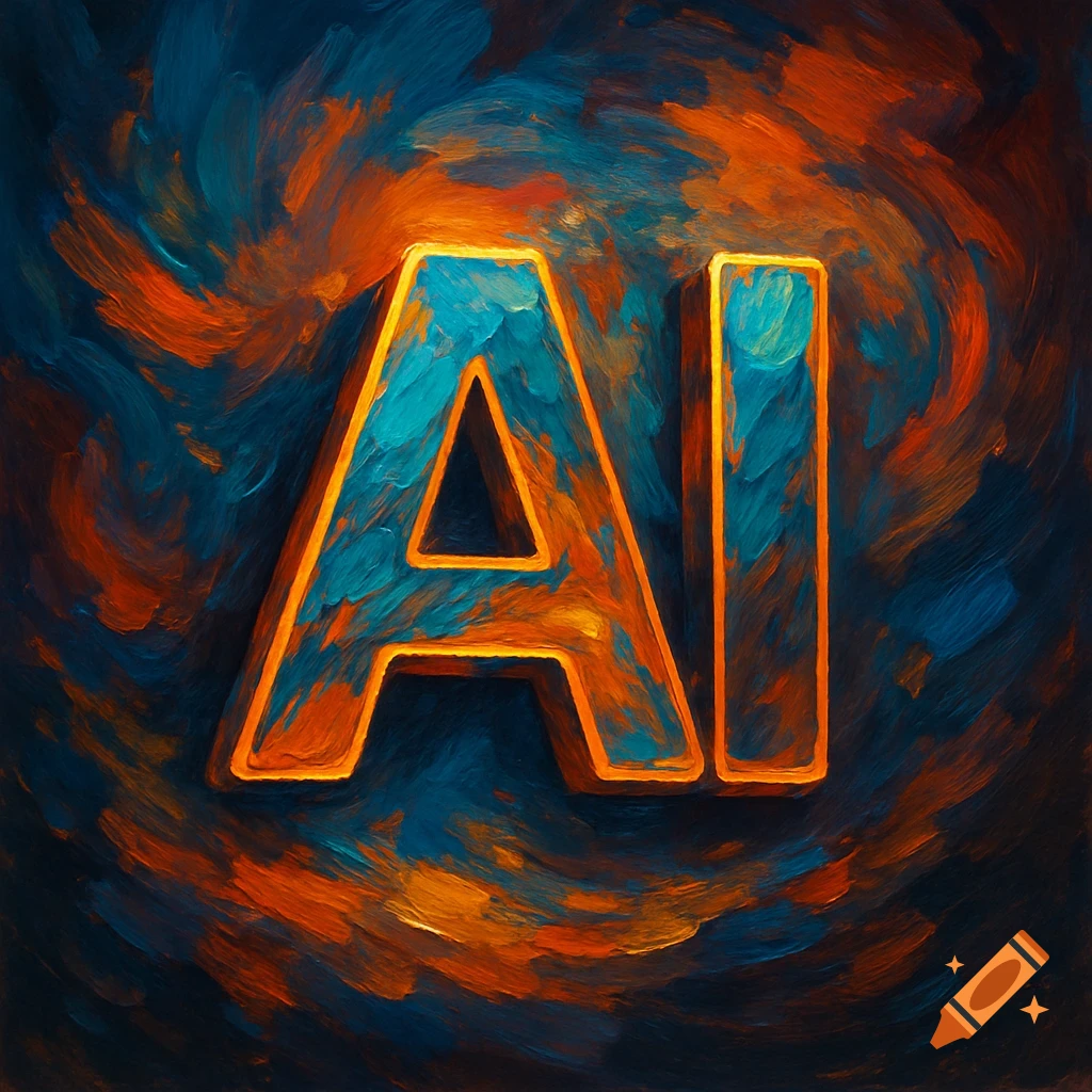 Stylized 3D letters 'AI' in blue and orange, surrounded by abstract brushstrokes in similar colors.