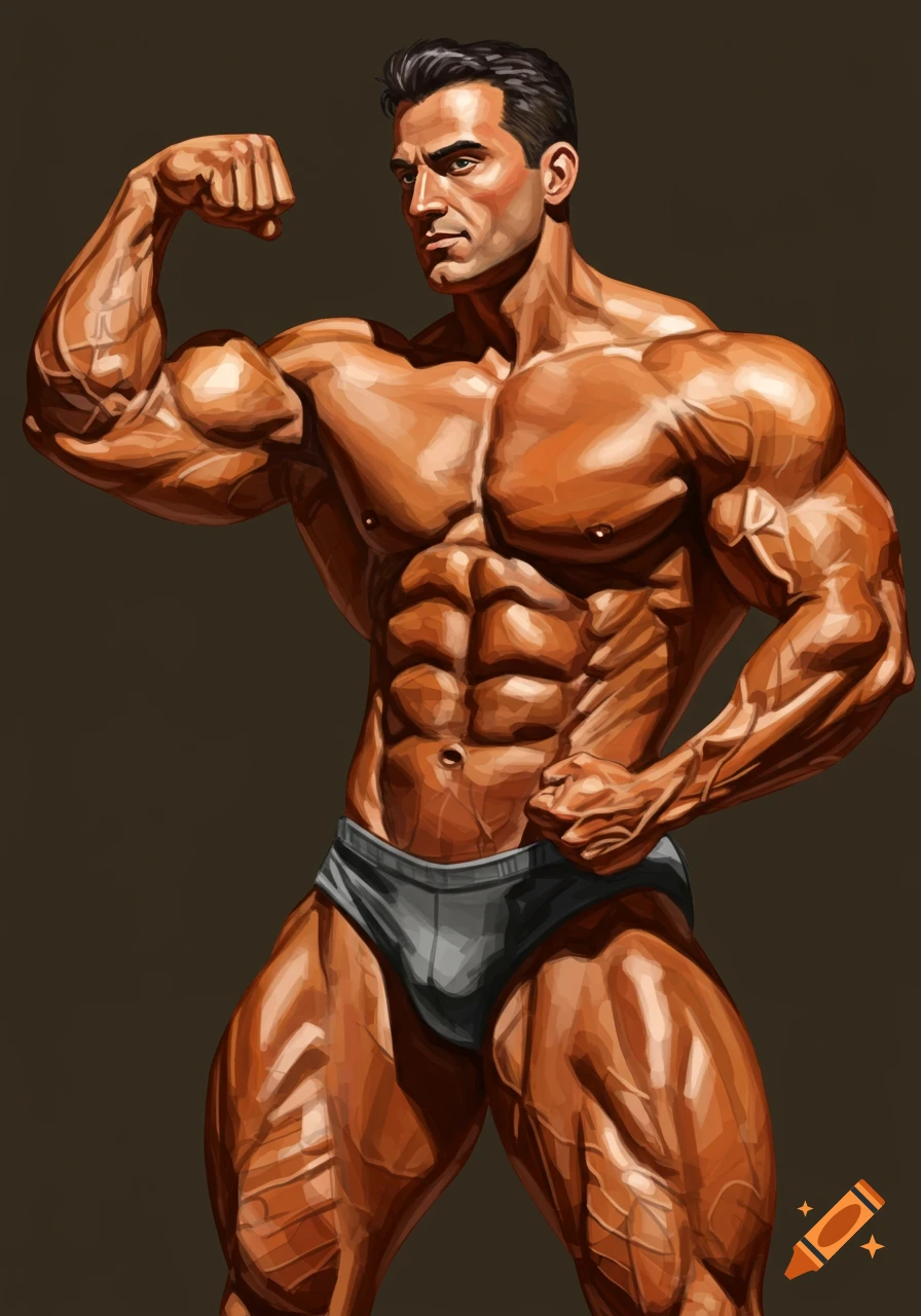 A muscular male bodybuilder in posing trunks flexes his bicep, depicted in a detailed, illustrative style.