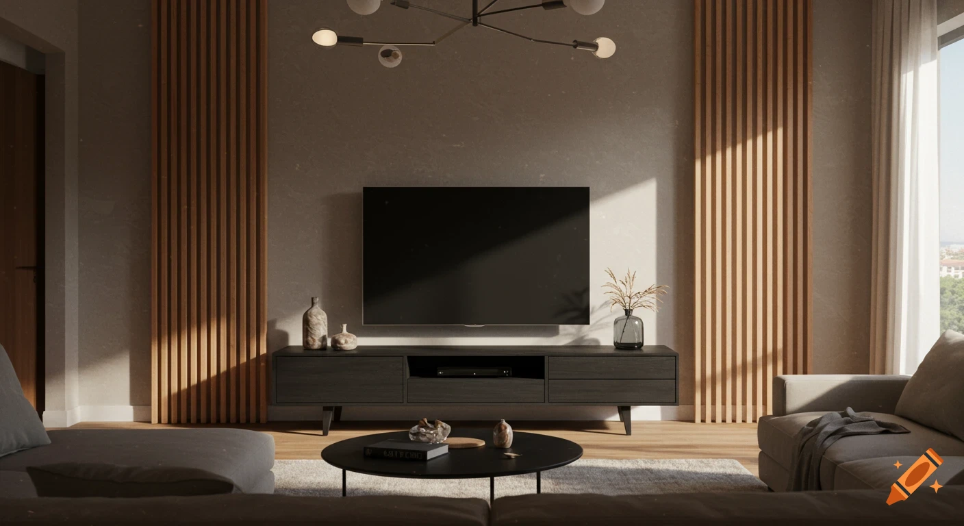 Photorealistic image of a modern living room with a large black TV, dark console, and wooden wall panels.